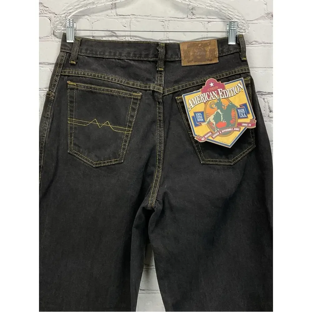 Vintage Rare American Edition Jeans Men 32x34 Black Denim Pleat Straight Leg USA
